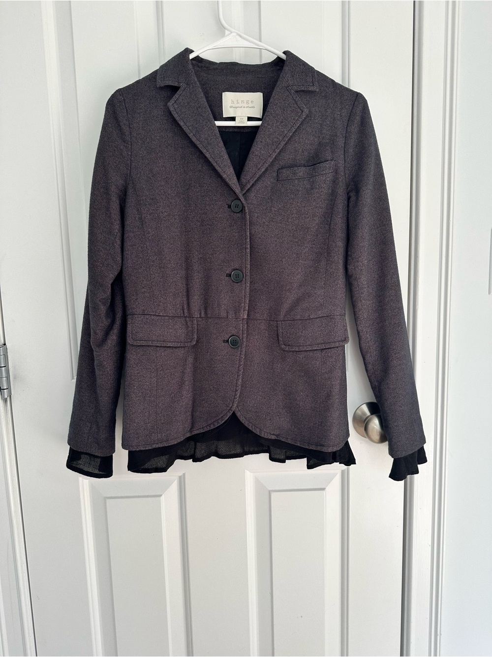 Hinge Women's Plum/black Blazer Jacket - Tailored 3-Button with ruffle detail